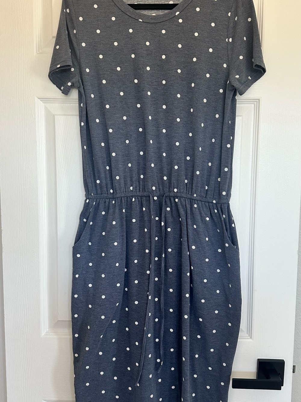 Summer Fairy Navy Blue Polka Dot Midi Dress L Drawstring Waist Pockets